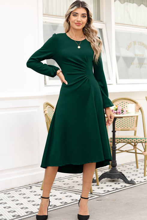 Side Ruched Crew Neck Long Sleeve Bodycon Fit Elegant Midi Dress