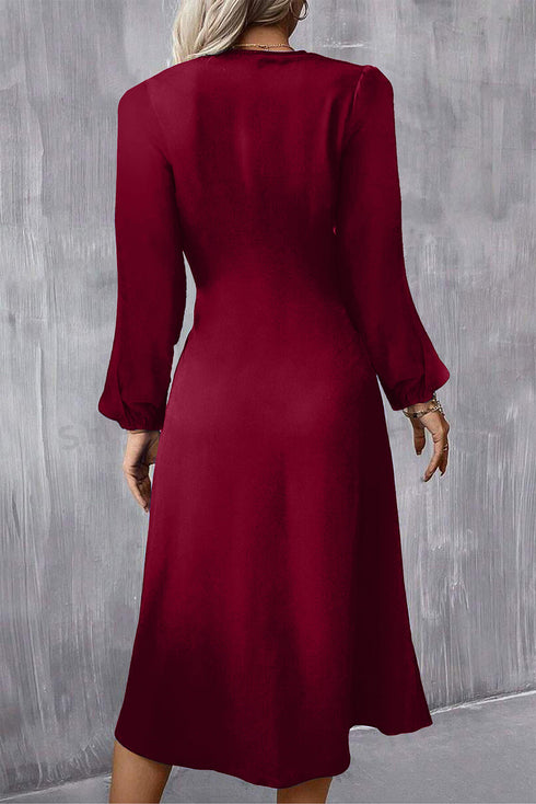 Side Ruched Crew Neck Long Sleeve Bodycon Fit Elegant Midi Dress