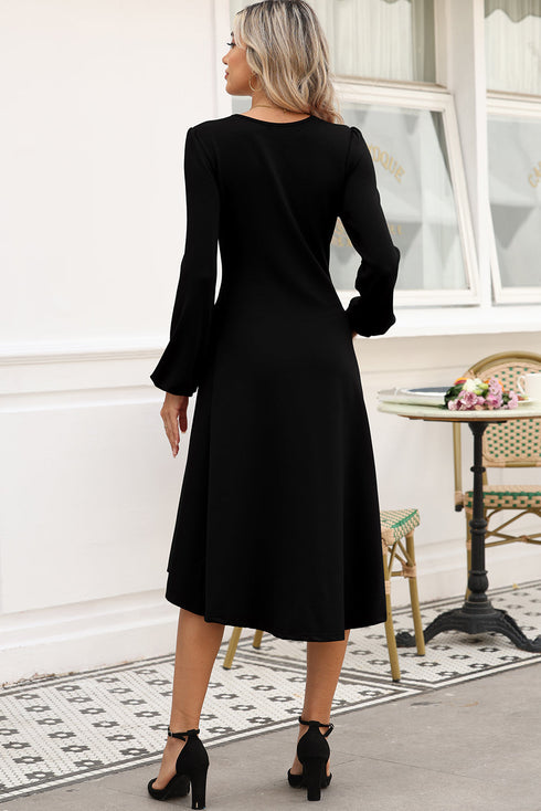 Side Ruched Crew Neck Long Sleeve Bodycon Fit Elegant Midi Dress