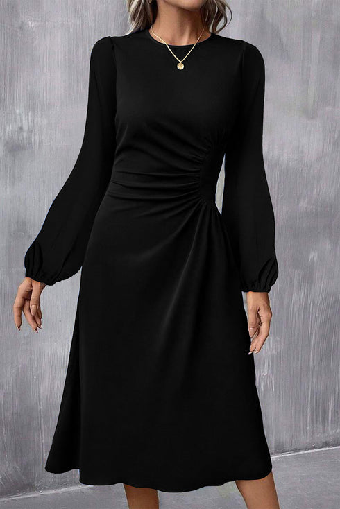 Side Ruched Crew Neck Long Sleeve Bodycon Fit Elegant Midi Dress