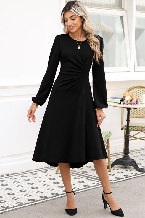 Side Ruched Crew Neck Long Sleeve Bodycon Fit Elegant Midi Dress
