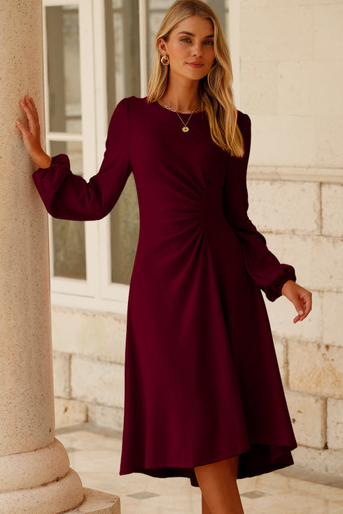 Side Ruched Crew Neck Long Sleeve Bodycon Fit Elegant Midi Dress