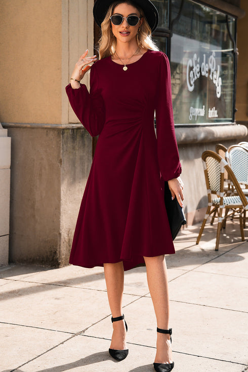 Side Ruched Crew Neck Long Sleeve Bodycon Fit Elegant Midi Dress