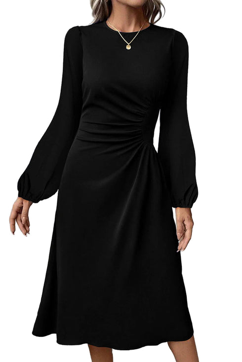 Side Ruched Crew Neck Long Sleeve Bodycon Fit Elegant Midi Dress