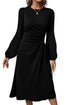 Side Ruched Crew Neck Long Sleeve Bodycon Fit Elegant Midi Dress