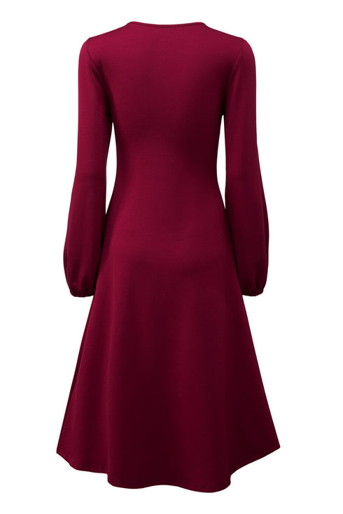 Side Ruched Crew Neck Long Sleeve Bodycon Fit Elegant Midi Dress