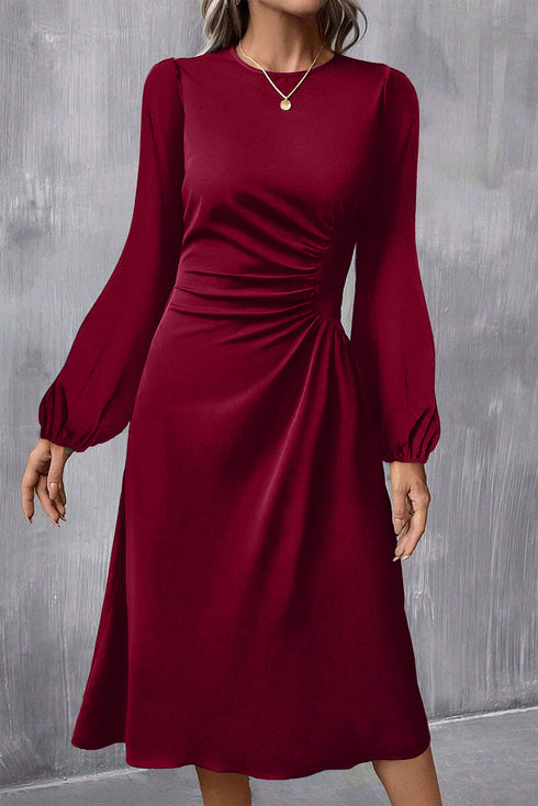 Side Ruched Crew Neck Long Sleeve Bodycon Fit Elegant Midi Dress
