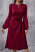 Side Ruched Crew Neck Long Sleeve Bodycon Fit Elegant Midi Dress