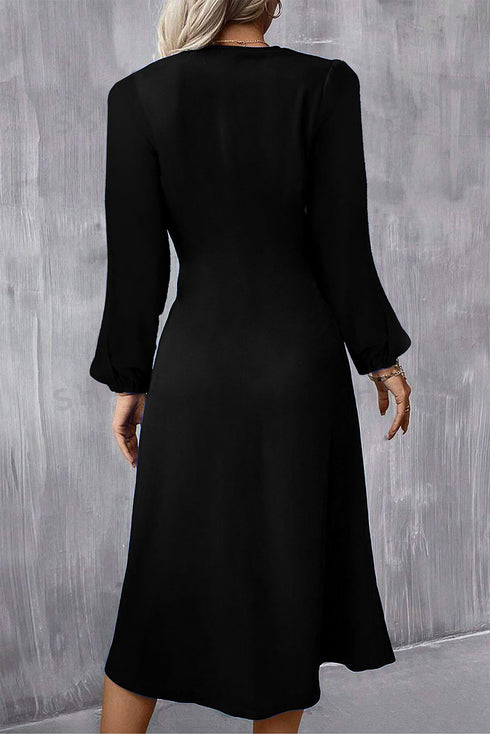 Side Ruched Crew Neck Long Sleeve Bodycon Fit Elegant Midi Dress
