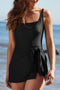Side Tied Waist Square Neck Adjustable Straps A-line One Piece Swim Dress
