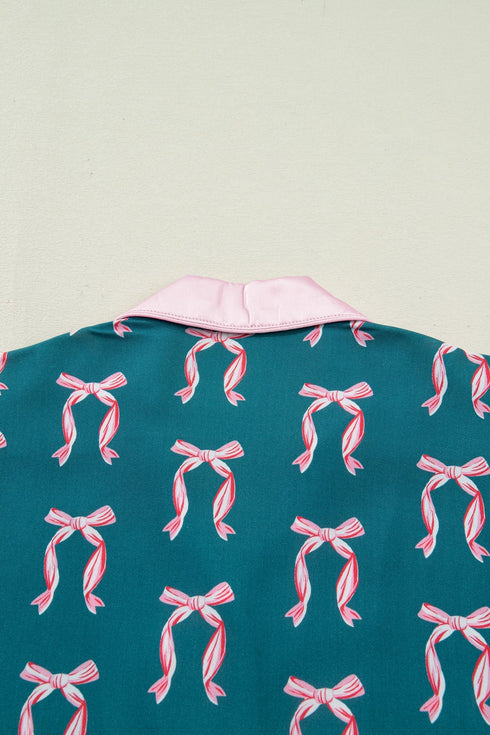 Silky Ribbon Bow Print Long Sleeve And Shorts Pajama Set