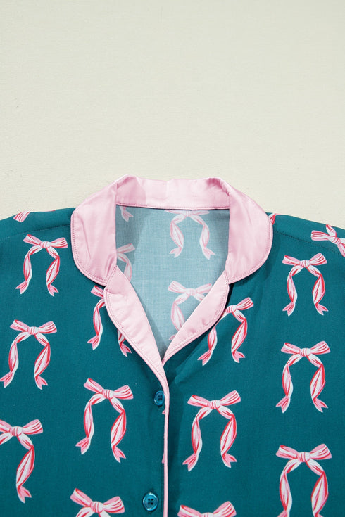 Silky Ribbon Bow Print Long Sleeve And Shorts Pajama Set