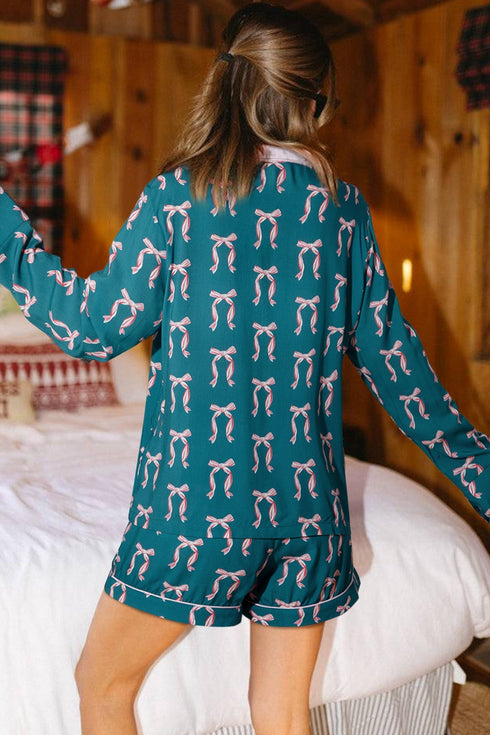 Silky Ribbon Bow Print Long Sleeve And Shorts Pajama Set