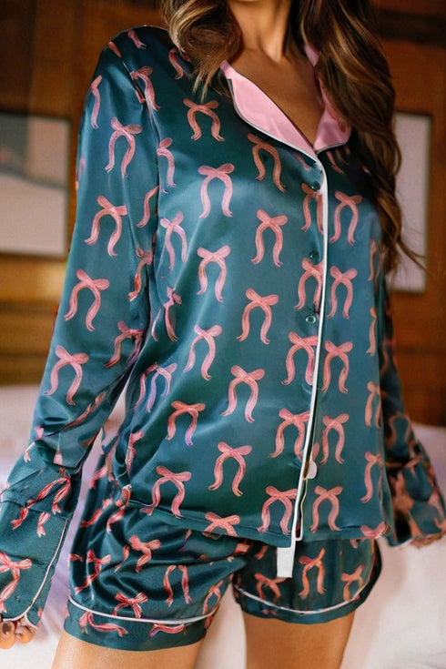Silky Ribbon Bow Print Long Sleeve And Shorts Pajama Set