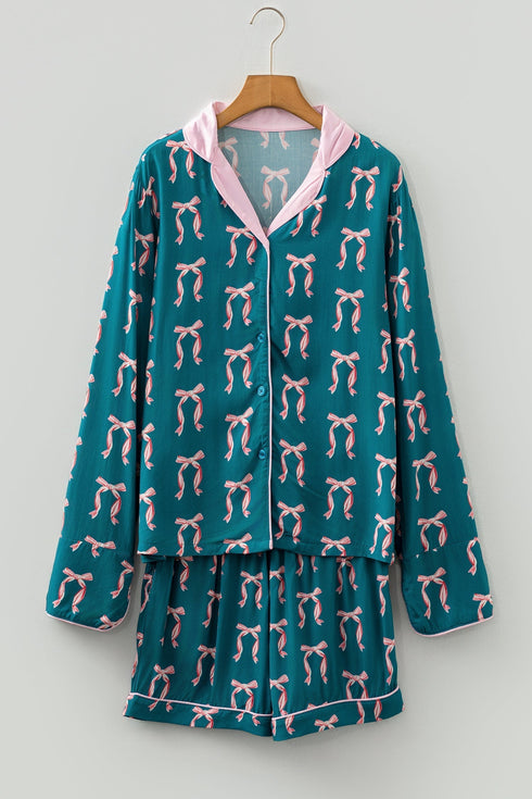 Silky Ribbon Bow Print Long Sleeve And Shorts Pajama Set