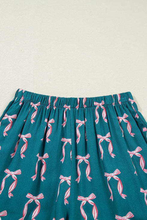 Silky Ribbon Bow Print Long Sleeve And Shorts Pajama Set