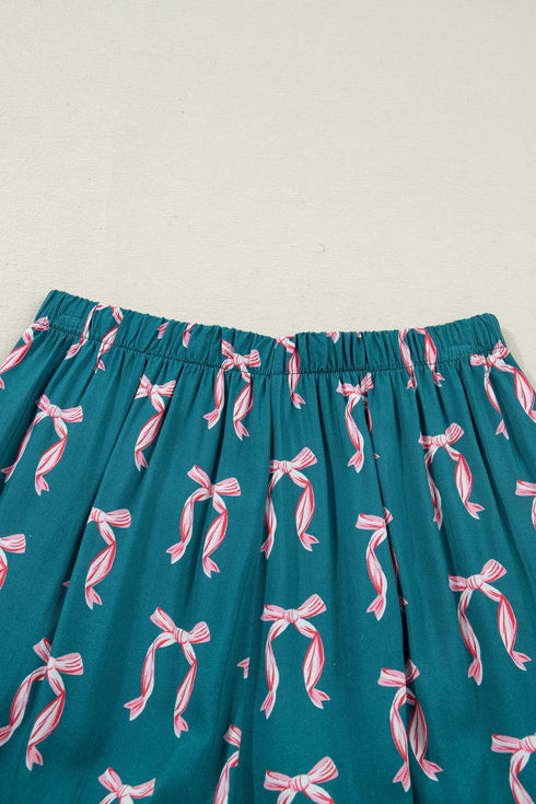 Silky Ribbon Bow Print Long Sleeve And Shorts Pajama Set