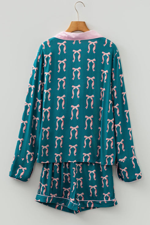 Silky Ribbon Bow Print Long Sleeve And Shorts Pajama Set