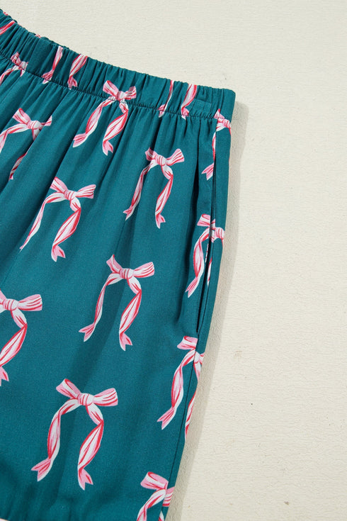Silky Ribbon Bow Print Long Sleeve And Shorts Pajama Set