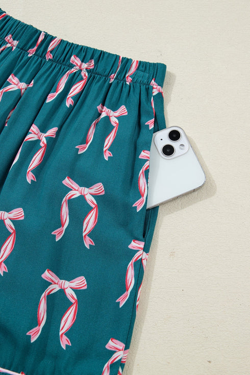 Silky Ribbon Bow Print Long Sleeve And Shorts Pajama Set