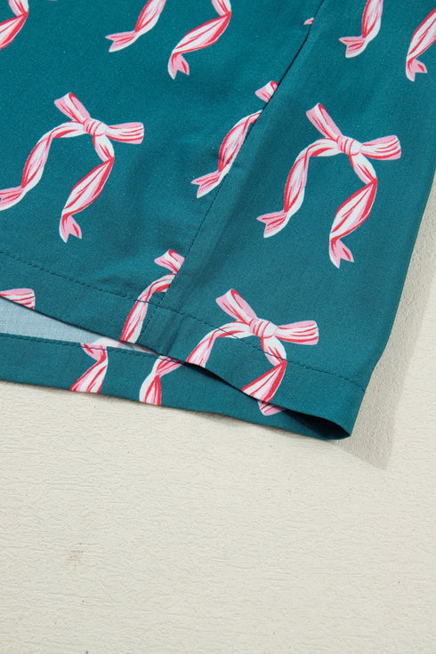 Silky Ribbon Bow Print Long Sleeve And Shorts Pajama Set