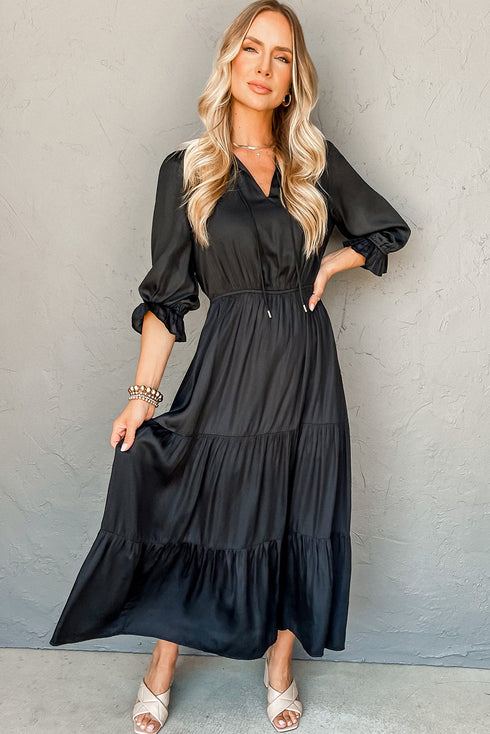 Silky Satin Split Neck Tiered Ruffle Sleeve Maxi Dress