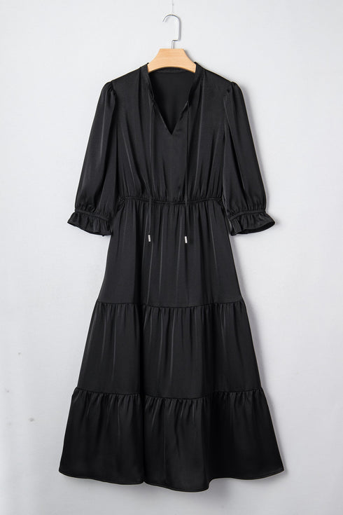 Silky Satin Split Neck Tiered Ruffle Sleeve Maxi Dress