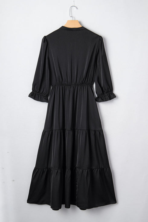 Silky Satin Split Neck Tiered Ruffle Sleeve Maxi Dress
