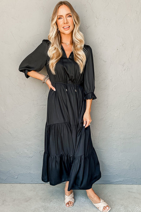 Silky Satin Split Neck Tiered Ruffle Sleeve Maxi Dress