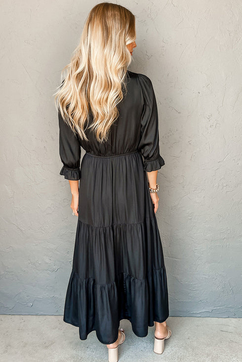 Silky Satin Split Neck Tiered Ruffle Sleeve Maxi Dress