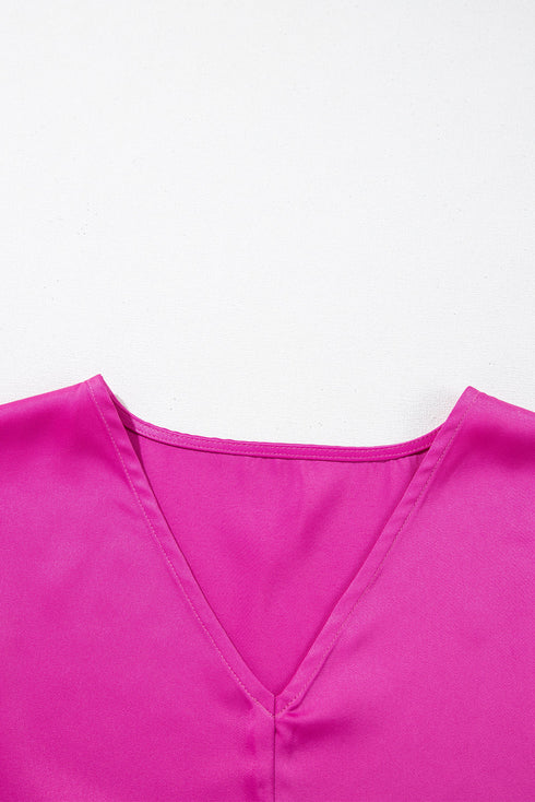 Silky Satin V Neck Dolman Sleeve Relaxed Blouse
