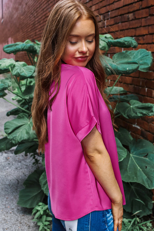 Silky Satin V Neck Dolman Sleeve Relaxed Blouse