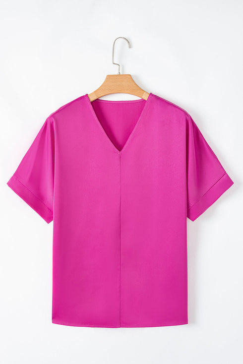 Silky Satin V Neck Dolman Sleeve Relaxed Blouse