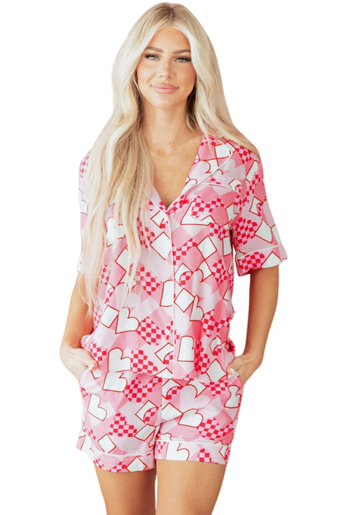 Silky Viscose Heart Print Button Front Pajama Set