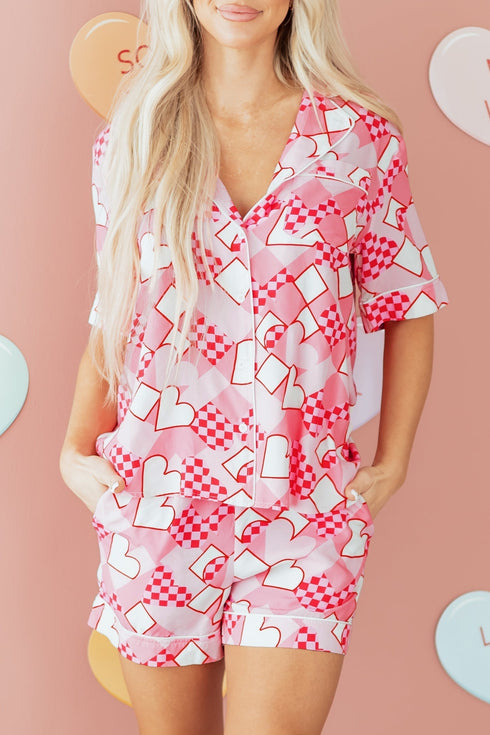 Silky Viscose Heart Print Button Front Pajama Set