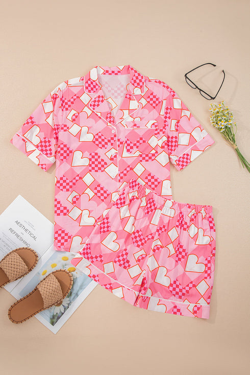 Silky Viscose Heart Print Button Front Pajama Set