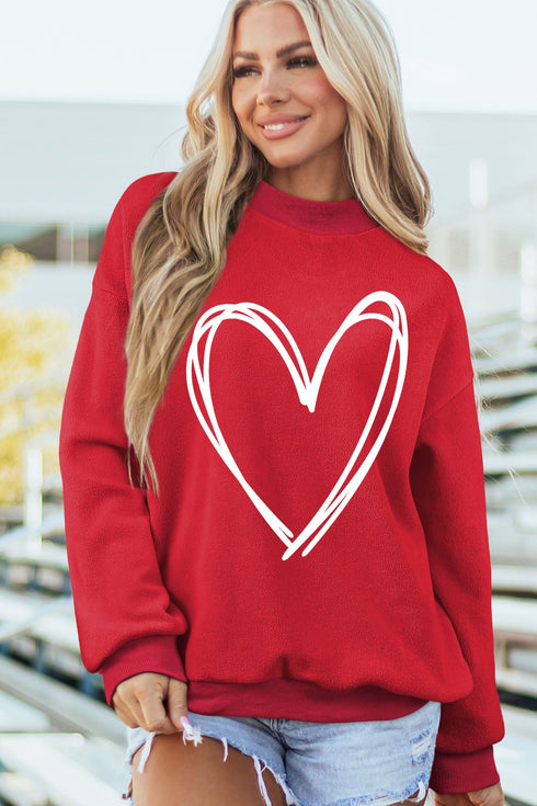 Sketch Heart Graphic Mock Neck Pullover Sweatshirt