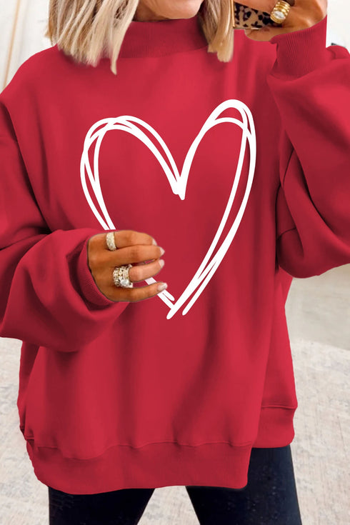 Sketch Heart Graphic Mock Neck Pullover Sweatshirt