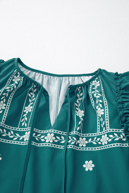 Skobeloff Boho Floral Ruffle Puff Sleeve Lace-up V Neck Mini Dress