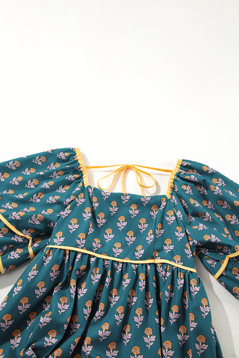 Skobeloff Floral Contrast Trim Square Neck Puff Sleeve Dress