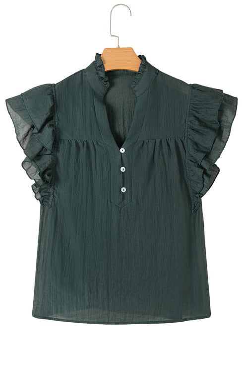 Skobeloff Frilled V Neck Ruffled Cap Sleeve Blouse
