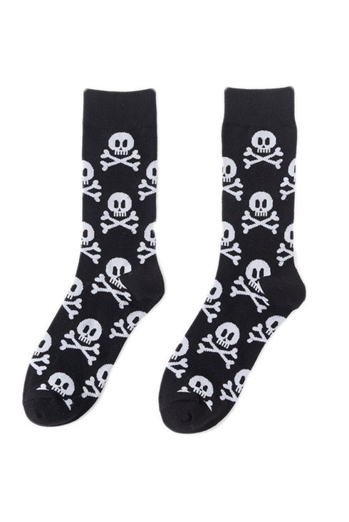 Skull And Crossbones Pattern Knit Cotton Crew Socks