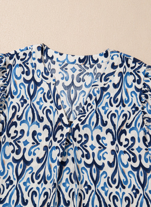 Sky Blue Boho Abstract Print Pintuck Detail Ruffled Top
