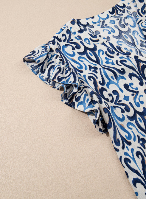 Sky Blue Boho Abstract Print Pintuck Detail Ruffled Top
