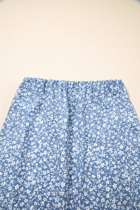 Sky Blue Boho Floral High Waist Long Skirt With Side Split