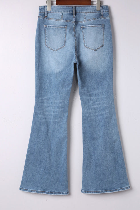 Sky Blue Button Fly Seamed Flare Jeans
