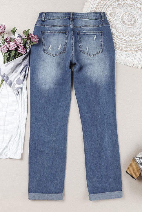 Sky Blue Cherry Blossom Pattern Splicing Mid Waist Distressed Jeans