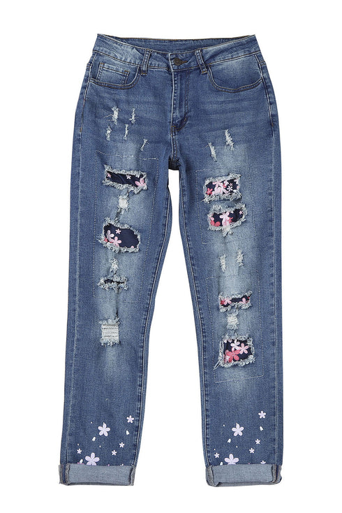 Sky Blue Cherry Blossom Pattern Splicing Mid Waist Distressed Jeans