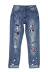 Sky Blue Cherry Blossom Pattern Splicing Mid Waist Distressed Jeans
