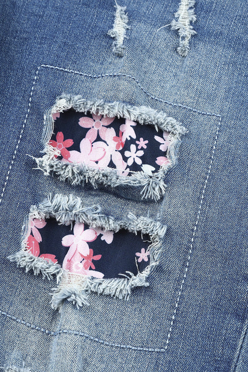 Sky Blue Cherry Blossom Pattern Splicing Mid Waist Distressed Jeans